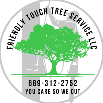 Friendly Touch Tree Service logo: a bright green oak with climbers at work, with the slogan You Care So We Cut